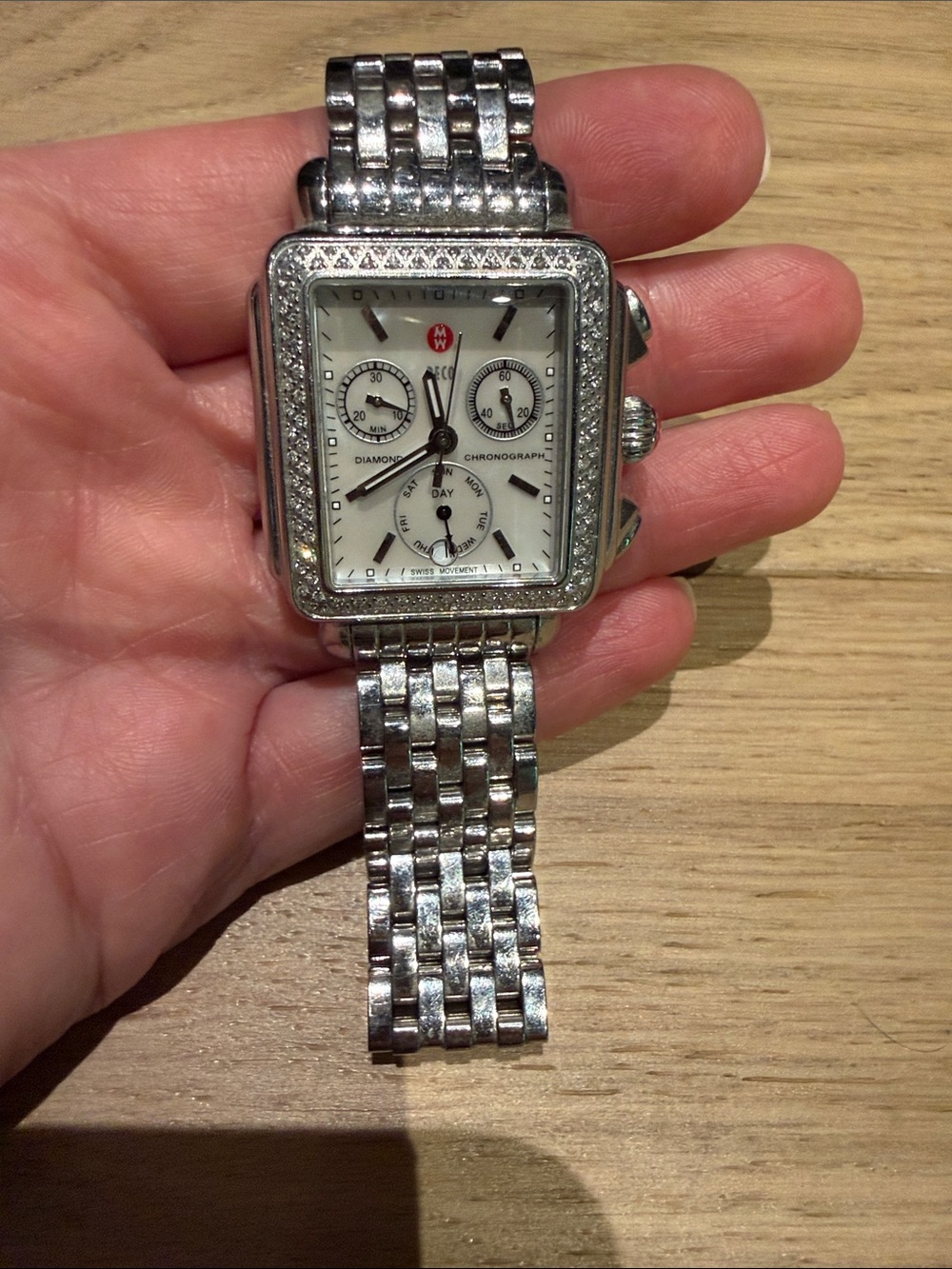 Michele Silver Stainless Steel Diamond-Accented Chronograph Watch